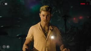 A blond Until Dawn 2 character holding a camera in a dark jungle scene
